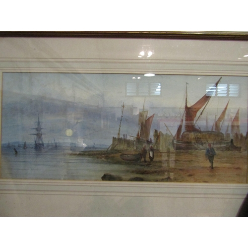 1047 - G.CALLOUR: East Anglian coast with fishing boats and fisher folk. Watercolour dated 1879, water mark... 