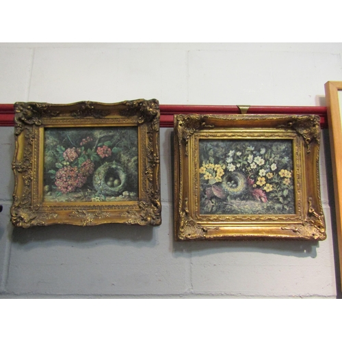 1063 - Two ornately gilt framed oleographs depicting eggs in nests, 19cm x 24cm image size