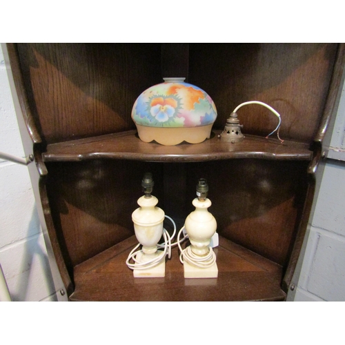 1070 - A pair of alabaster table lamp bases and a 1930's frosted glass ceiling lamp with pansy pattern