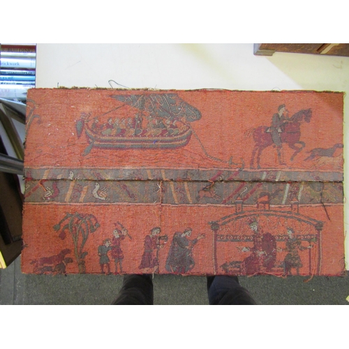 1206 - A pair of 19th Century Bayeux style tapestry remnants depicting figures and longboat, 50cm long