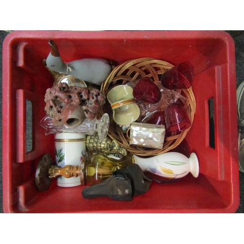 1250 - A box of assorted items to include a soapstone brush pot and a mother-of-pearl box