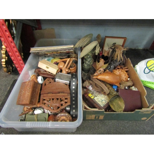 1272 - Two boxes of assorted including carved wooden animals, records, figures etc