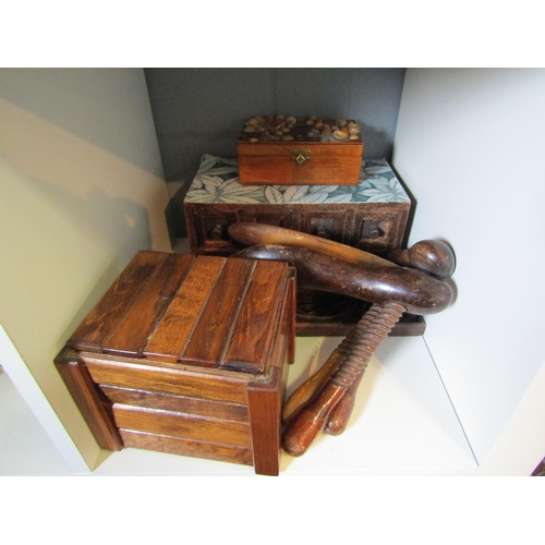 1282 - A 1930's  tea caddy with original liner, three other treen items and three vintage shoe stretchers  ... 