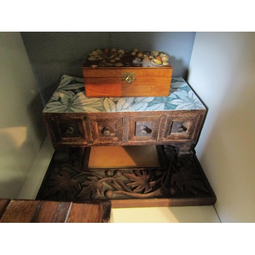 1282 - A 1930's  tea caddy with original liner, three other treen items and three vintage shoe stretchers  ... 