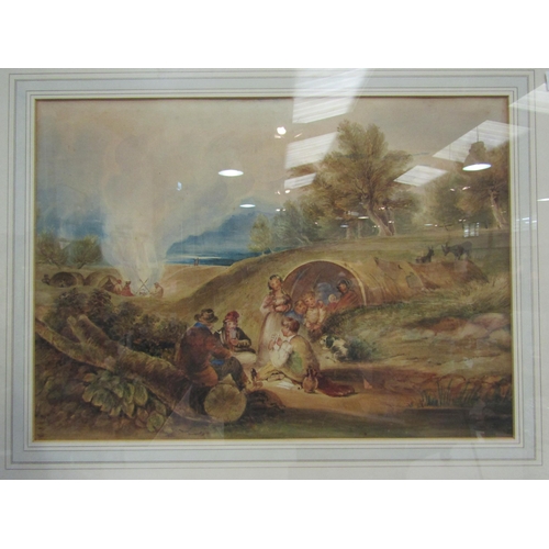 1296 - A 19th Century watercolour of a gypsy encampment, 40cm x 56cm     (E) £40-60