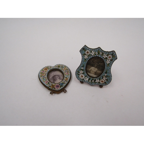 1322 - Two micro-mosaic miniature photograph frames, shield and love heart from Gordon family photographs, ... 