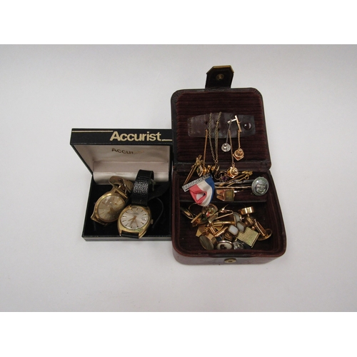 1330 - A small jewellery box with shirt pin, cufflinks, brooches and two vintage watches