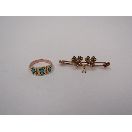 1338 - An unmarked gold ring, set with three turquoise 2.7g and an unmarked gold seed pearl brooch 3g