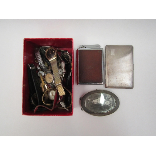 1350 - A box containing assorted wristwatches, electroplated photograph frame, Calibri cigarette case in th... 