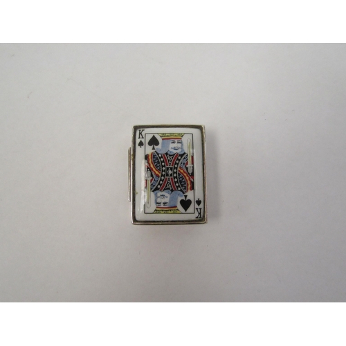 1362 - A modern silver and enamel pill box decorated with playing card