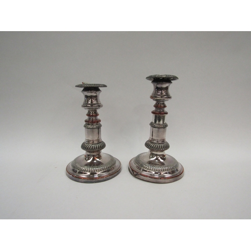 1383 - A pair of Sheffield plate on copper candlesticks, gadrooned detail     (E) £15-20