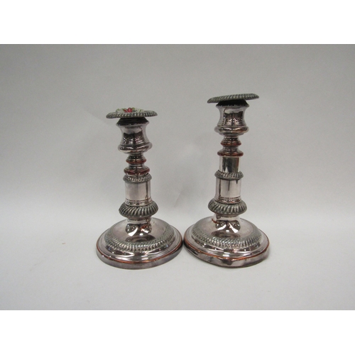 1383 - A pair of Sheffield plate on copper candlesticks, gadrooned detail     (E) £15-20