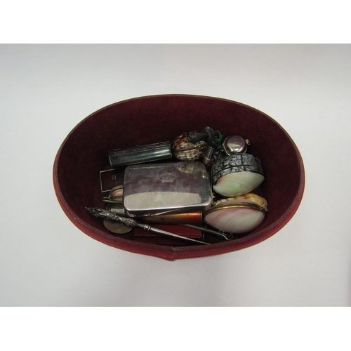 1394 - A box of miscellaneous items including 925 paperweight (a/f), shell eticules, pipe, candle snuffer e... 