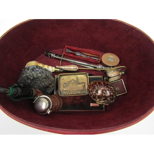 1394 - A box of miscellaneous items including 925 paperweight (a/f), shell eticules, pipe, candle snuffer e... 