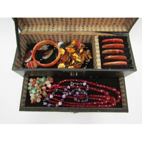 1395 - An Oriental style jewellery box with agate beads, amber necklace, amethyst bead necklace etc