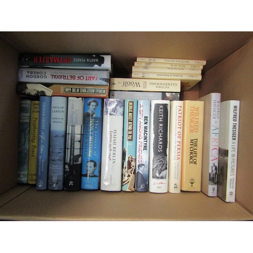 1225 - Two boxes of literary biographies, literature, etc. including Iris Murdoch, Graham Greene, James Lee... 