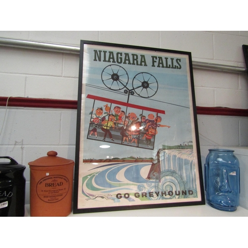 1401 - A reproduction print of a 50's Greyhound Bus poster advertising Niagara Falls, a/f - foxed.  Framed.... 