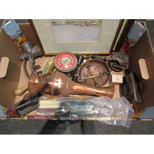 1490 - Miscellaneous bygone kitchen gadgetry including mincer and slicer, a Victorian address punch and met... 