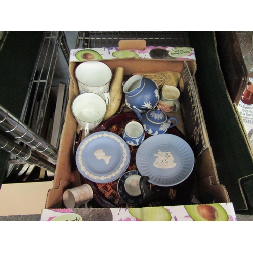 1504 - Three boxes of glass ware and ceramics; 19thc ceramics, jasperware, cut glass, etc