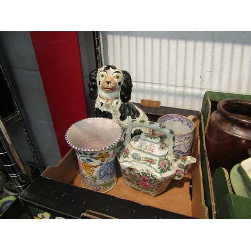 1513 - Two boxes containing Staffordshire flatback, barge ware teapot, Oriental teapot, etc a/f