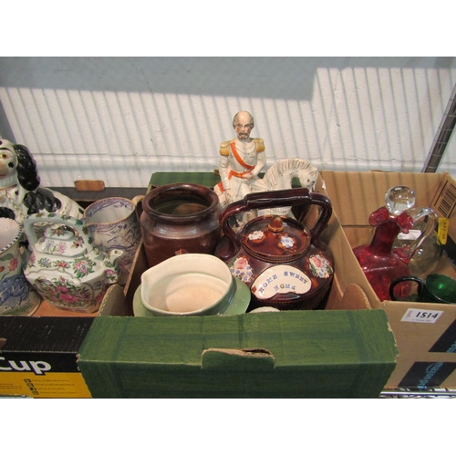 1513 - Two boxes containing Staffordshire flatback, barge ware teapot, Oriental teapot, etc a/f