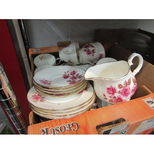 1515 - A box of Alfred Meakin dinner wares, a box of Duchess bone china tea cups, saucers and a box of asso... 