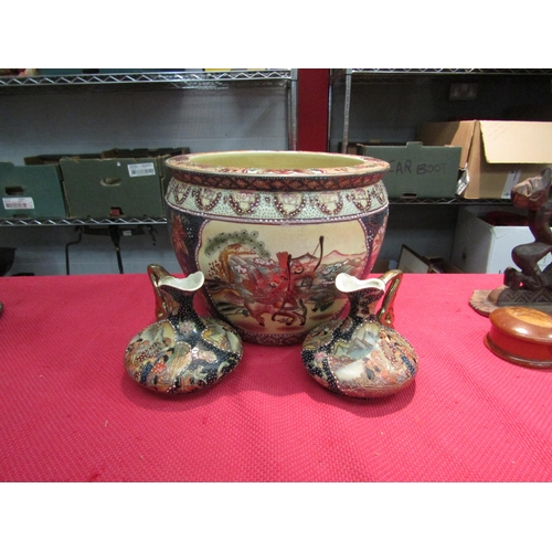 1539 - A Japanese jardiniere (21cm high x 27cm in diameter) with gold fish detailing and a pair of Japanese... 