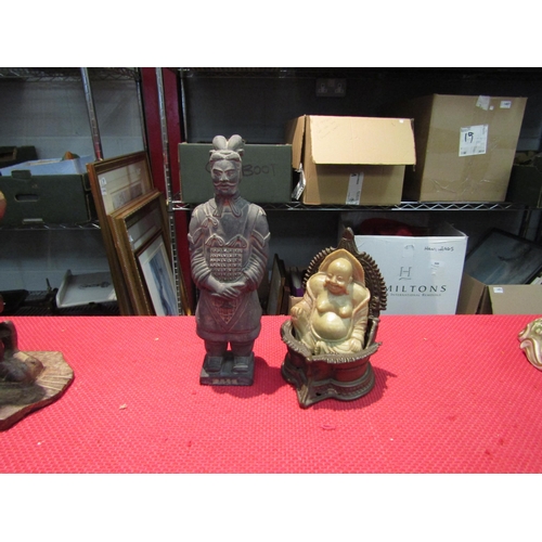 1543 - A seated Buddha on cast metal elaborate seat and a reproduction terracotta army figure (2)