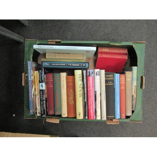 1571 - A box of books on travel, the Middle East, the Far East, etc., including Freya Stark, Lawrence Durre... 