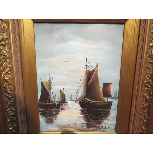 4099 - A gilt framed oil on board, 19th Century sailboats at sea signed by A Ruberni lower right, frame res... 