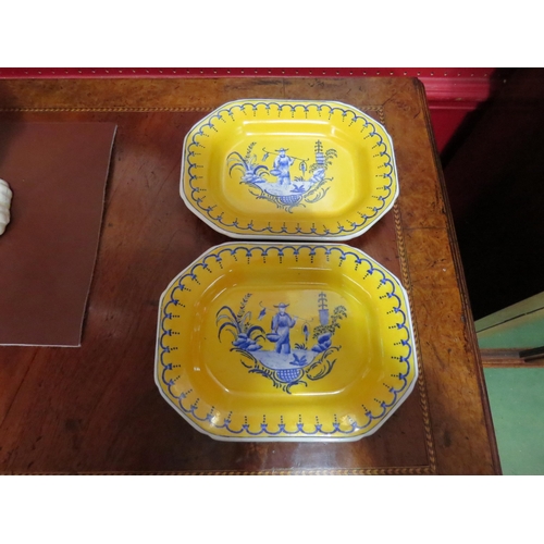 4283 - A pair of Chinese yellow and blue glazed dishes with scenes of gent walking through river, character... 