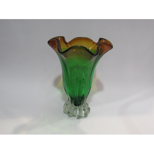 4394 - A late 20th Century art glass vase, green with amber waved rim, base in  clear, 28.5cm high