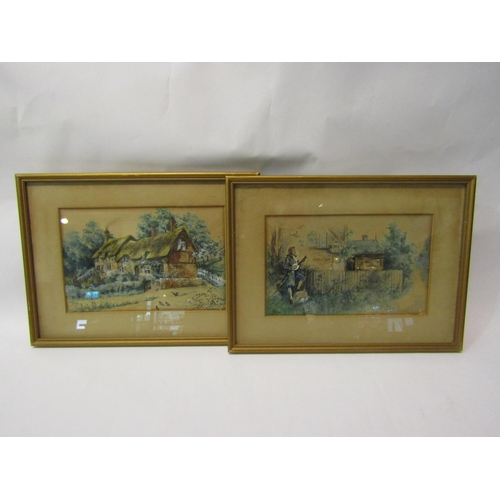 4405 - A pair of watercolours of a rural cottage, one with a man in 17th Century clothing serenading outsid... 