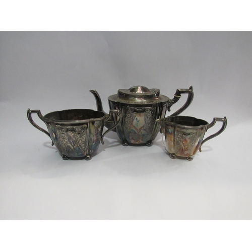 4445 - A Victorian three piece silver plate tea set, circa 1890, teapot missing knop  (R)  £0