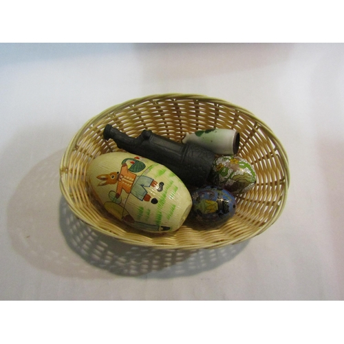 4338 - A basket containing miscellaneous including a bygone Russian doll painted with rabbits, Cloisonne eg... 