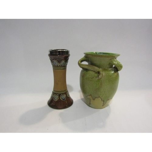 4398 - A Doulton Art Noveau style vase with silver collar and a green vase with three swirl decoration (2)