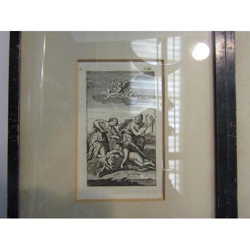 4408 - Four glazed and framed 18th Century engravings of classical figures in ebonised frames, 12 cm X 7cm