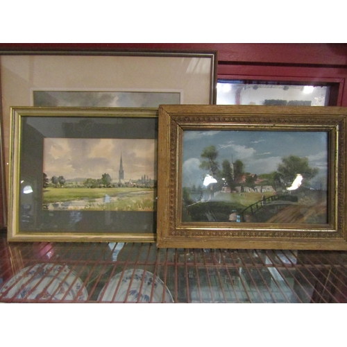 4422 - Four various framed works including naive oil of churchyard and 1830s naive watercolour, framed and ... 