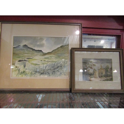 4422 - Four various framed works including naive oil of churchyard and 1830s naive watercolour, framed and ... 