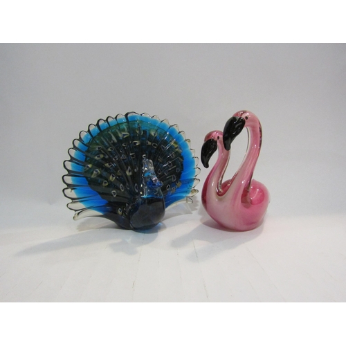 4426 - A Murano glass peacock, 16cm tall and a handblown glassfigure of two flamingoes, 16cm tall (2)