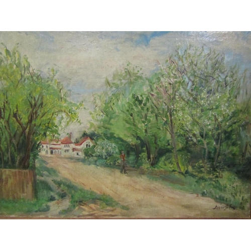 4443 - Oil on canvas depicting a dwelling with trees, pathway and figure walking, signed indistinctly lower... 