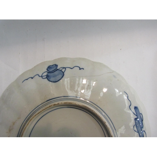 4450 - A Victorian Imari charger with scalloped edge, 38cm diameter, a/f, cracked and repaired