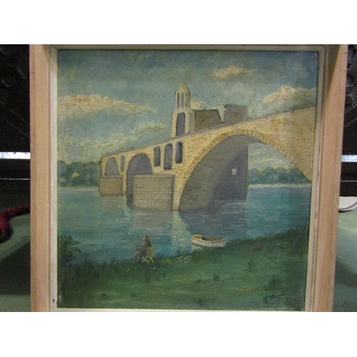 4453 - NAUMTON; Oil on board depicting bridge and fishing scene, signed lower right 39cm x 39cm and an Art ... 