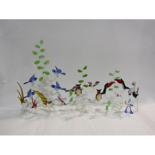 4454 - Nine hand blown glass bird figures including owls on branch, cockerel and emu etc