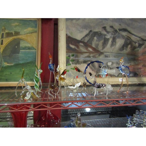 4456 - 11 hand blown glass animals including robins on tree, parrot on stand, kangaroos