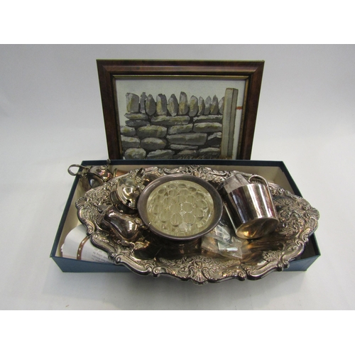 4465 - Miscellaneous including silverplate dish, mustard, pepperette, rose  bowl, tin whistle and watercolo... 