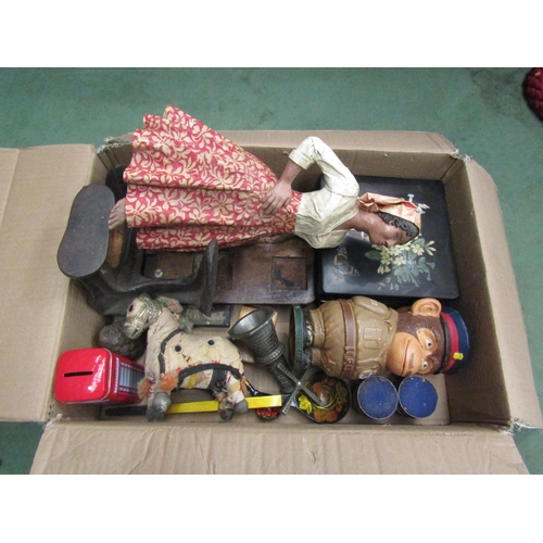 4466 - A box of assorted items including papier mache lady, Eastern cloth horse, lacquered boxes and inkwel... 