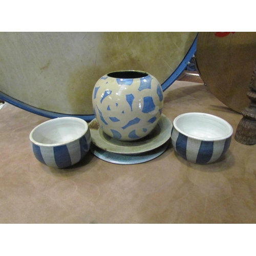 4007 - Three pieces of Claire Celia Lambert pottery, a bulbous ginger jar and a pair of bowls with striped ... 