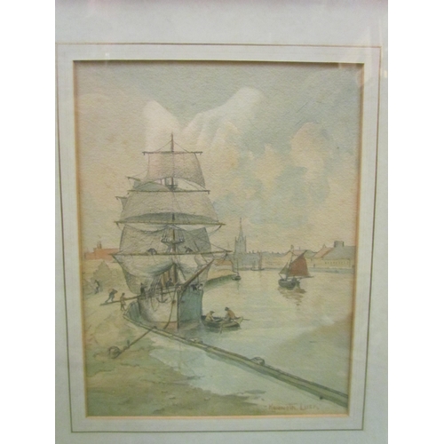 4085 - KENNETH LUCK: A watercolour of a dock scene, signed lower right, framed and glazed, 27.5cm x 21.5cm ... 