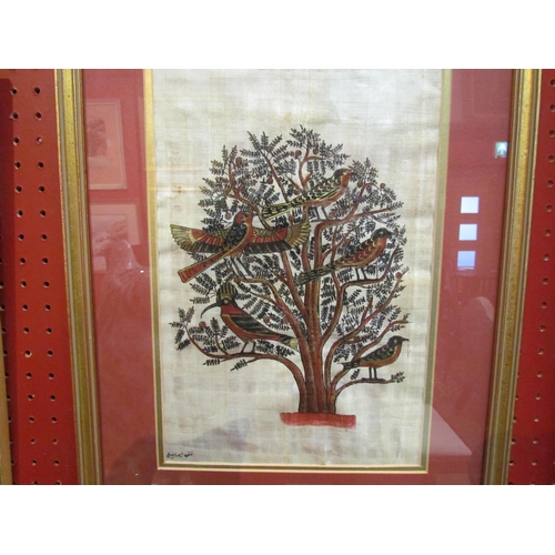 4106 - An Egyptian papyrus hand painting of birds in a tree (tree of life) framed and glazed, 32cm x 21cm